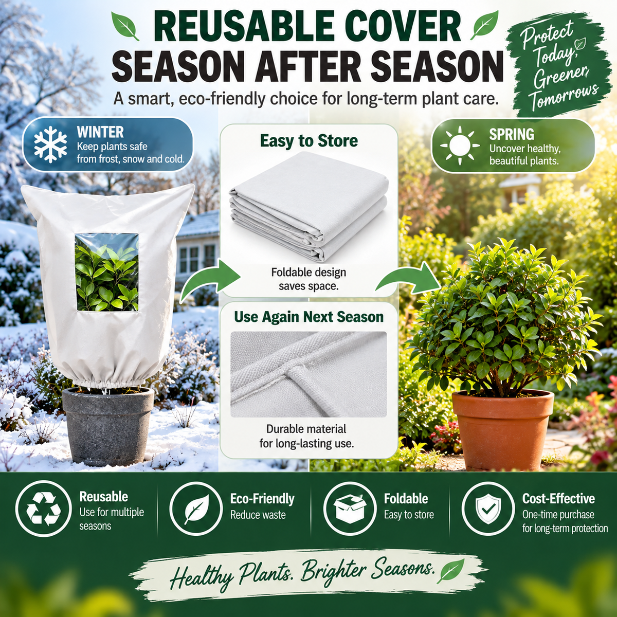 Plant Frost Protection Cover – Breathable Reusable Cover for Shrubs, Pots & Young Trees