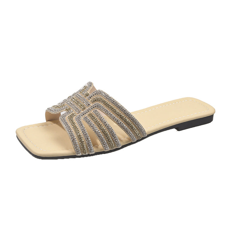 ⏳Limited-time 50% off⏰Women's Geometric Rhinestone Square Toe Flat Slides💎👡