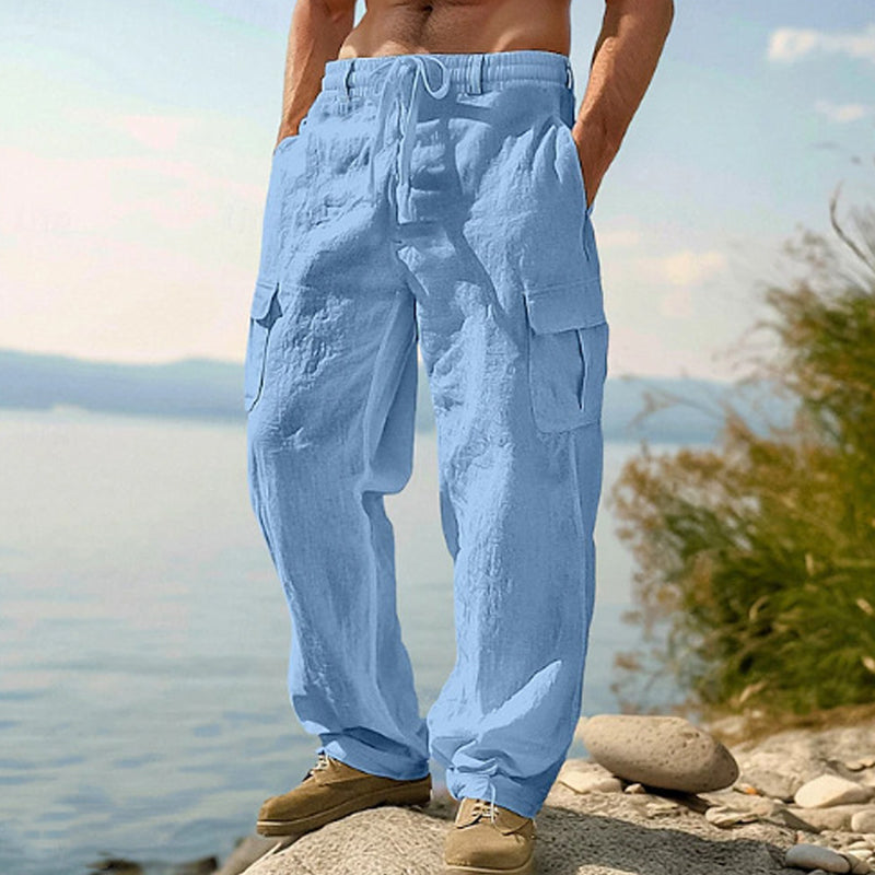๐50% OFF! โจ Men's Cotton Linen Cargo Pants with Drawstring Waist โ Breathable, Relaxed Fit, Multi-Pocket ๐๏ธ