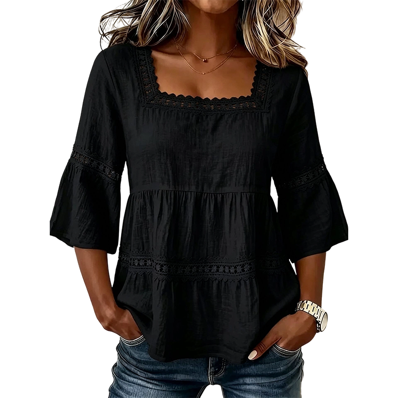 📢📢50% OFF !! ⏰Women's Boho Crochet Lace Blouse | Breathable Tiered Bell Sleeve Summer Top for Everyday Wear & Holidays✨