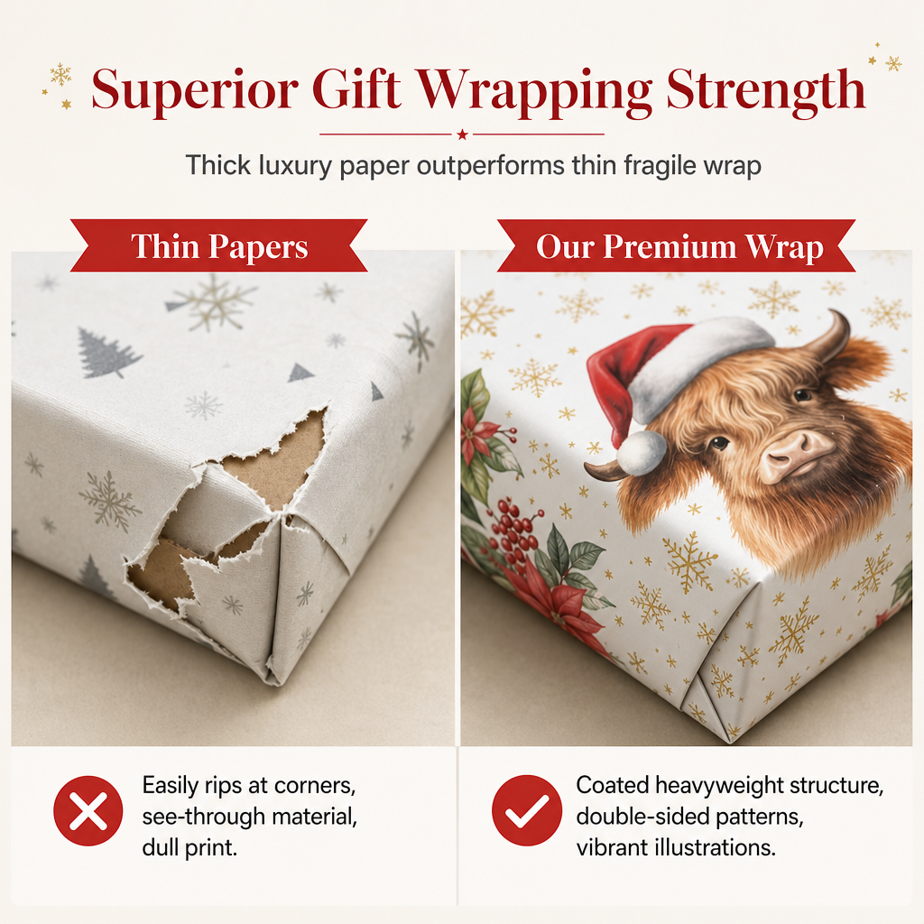 🎄 LIMITED-TIME 50% OFF! 🐄 Christmas Highland Cow Floral Wrapping Paper Roll – Double-sided, Thick, Large Roll ✨