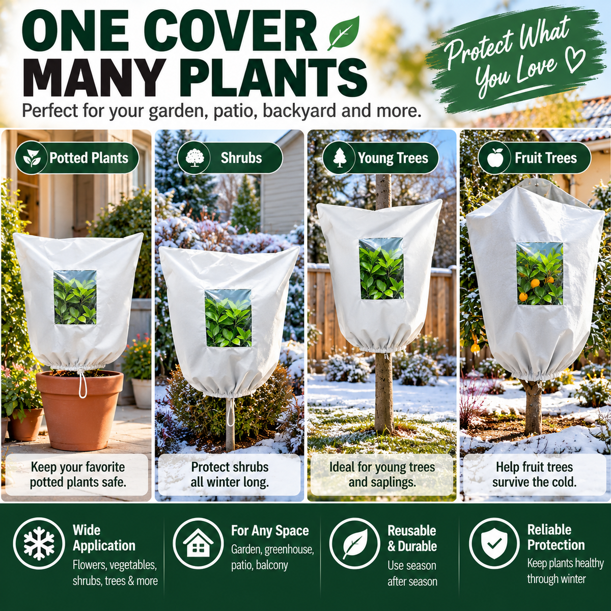 Plant Frost Protection Cover – Breathable Reusable Cover for Shrubs, Pots & Young Trees