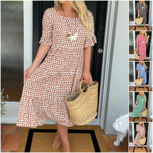 🔥Hot Sale 50% OFF!!💕Women's Polka Dot Midi Dress | Elegant Round Neck & Breathable Summer A-Line Dress | Chic Casual Mary Dress for Beach & City Strolls