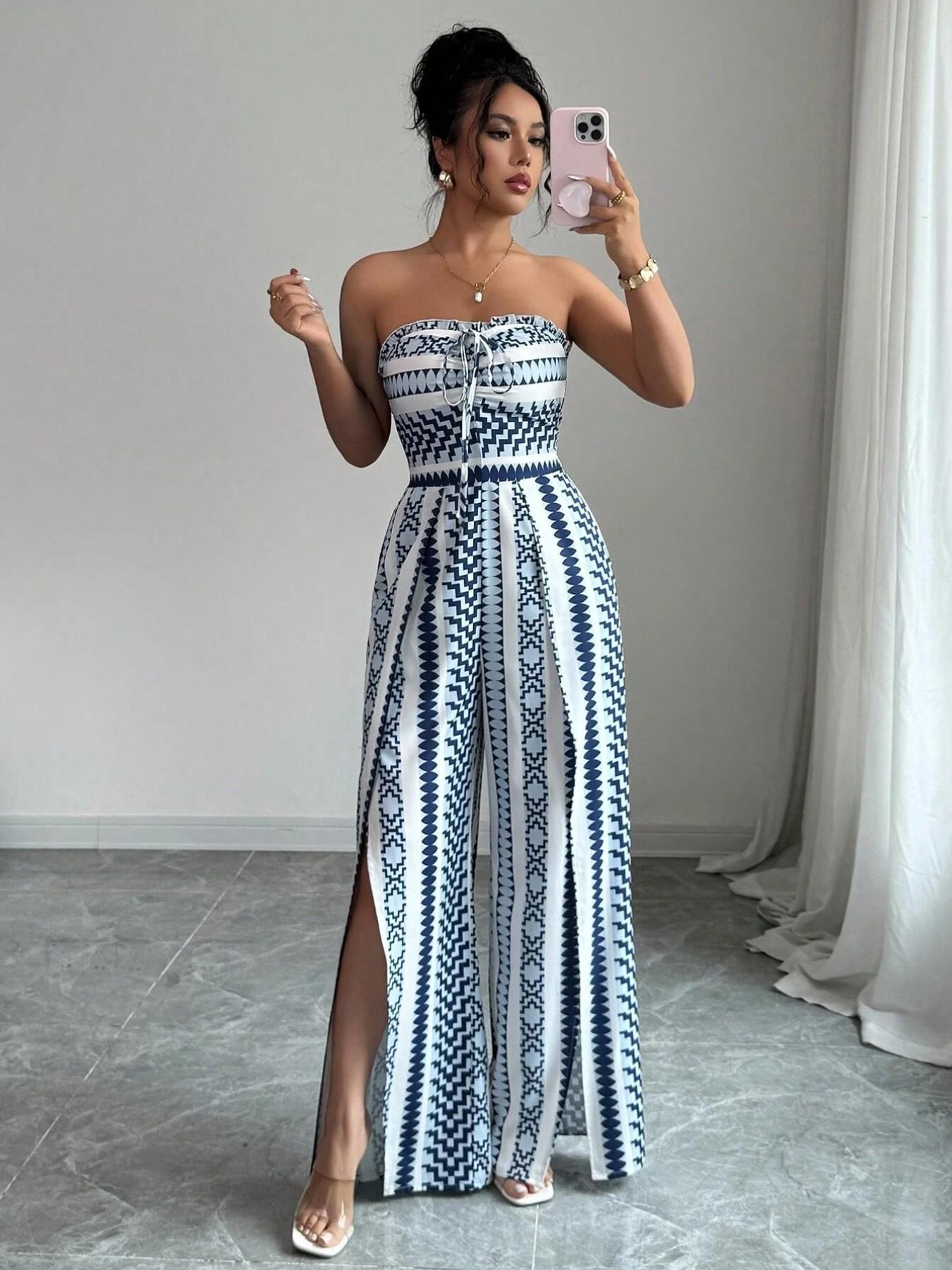 📢📢50% OFF !! ⏰Geometric Jumpsuit with Halter Neckline & Side Slit – Unique print & elastic back – Versatile, perfect for summer parties or resort wear ✨