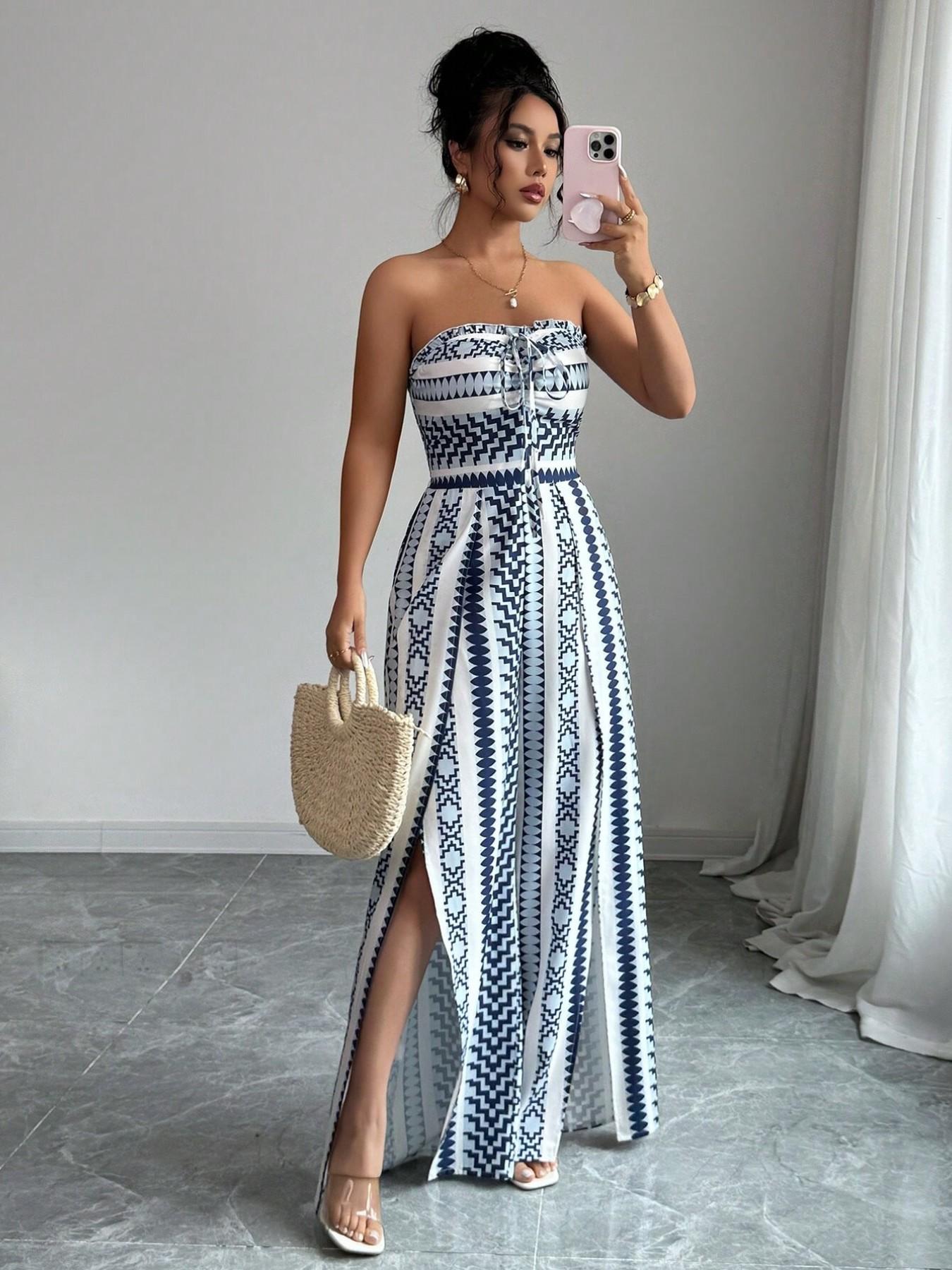 📢📢50% OFF !! ⏰Geometric Jumpsuit with Halter Neckline & Side Slit – Unique print & elastic back – Versatile, perfect for summer parties or resort wear ✨