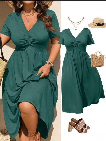 👗50% OFF! ✨ Plus Size V-Neck Ruched Short Sleeve Midi Dress with Flounce – A-Line Silhouette & Flowy Fabric 🌸