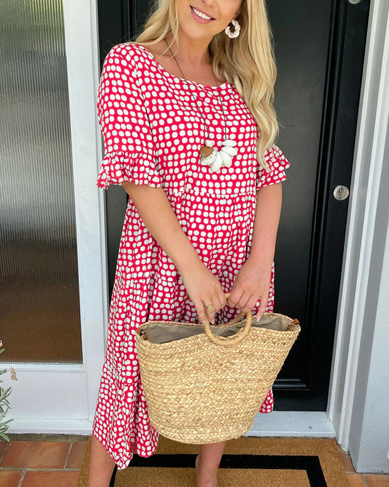 🔥Hot Sale 50% OFF!!💕Women's Polka Dot Midi Dress | Elegant Round Neck & Breathable Summer A-Line Dress | Chic Casual Mary Dress for Beach & City Strolls