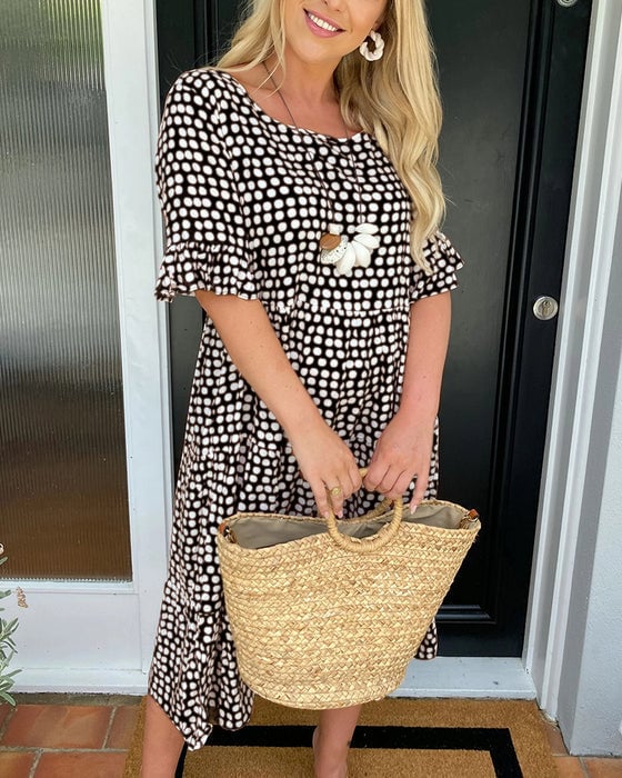🔥Hot Sale 50% OFF!!💕Women's Polka Dot Midi Dress | Elegant Round Neck & Breathable Summer A-Line Dress | Chic Casual Mary Dress for Beach & City Strolls