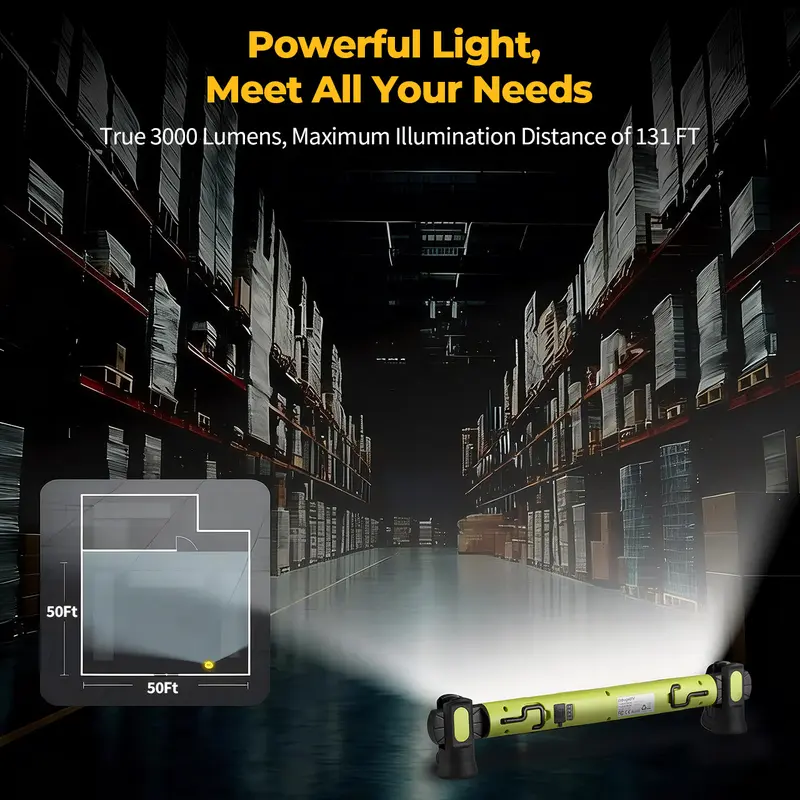 📢📢50% OFF !! ⏰3000LM LED Work Light – Magnetic + hook, 5200mAh battery, 360° rotation. Type‑C fast charge. Bright as day anywhere! 🔋✨