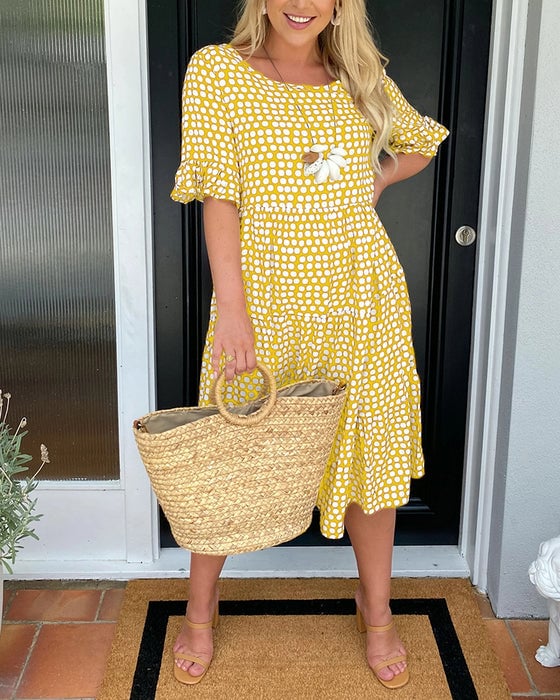 🔥Hot Sale 50% OFF!!💕Women's Polka Dot Midi Dress | Elegant Round Neck & Breathable Summer A-Line Dress | Chic Casual Mary Dress for Beach & City Strolls