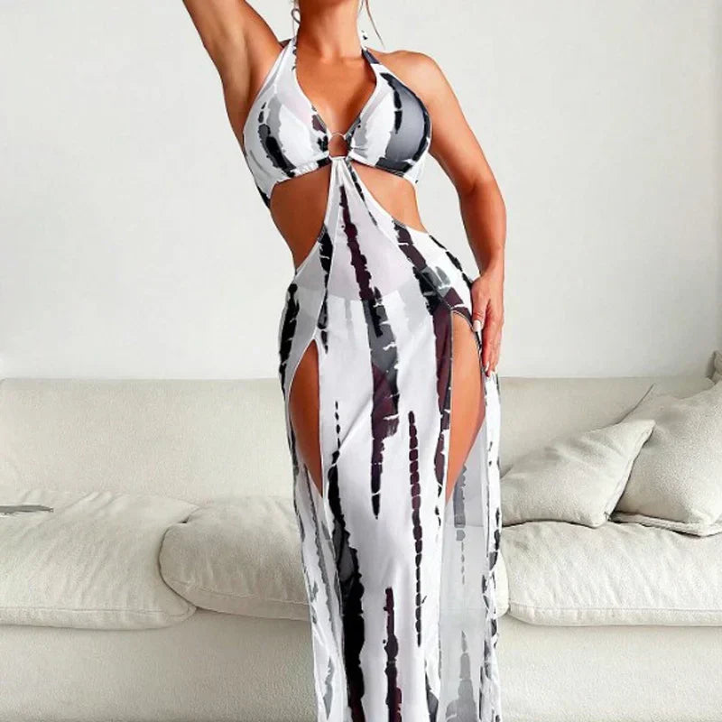 👙  50% OFF! ✨ Striped Two-Piece Swimsuit – Halter Neck Tie, Ring Detail, High Stretch 🌊