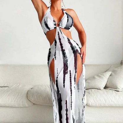 👙  50% OFF! ✨ Striped Two-Piece Swimsuit – Halter Neck Tie, Ring Detail, High Stretch 🌊