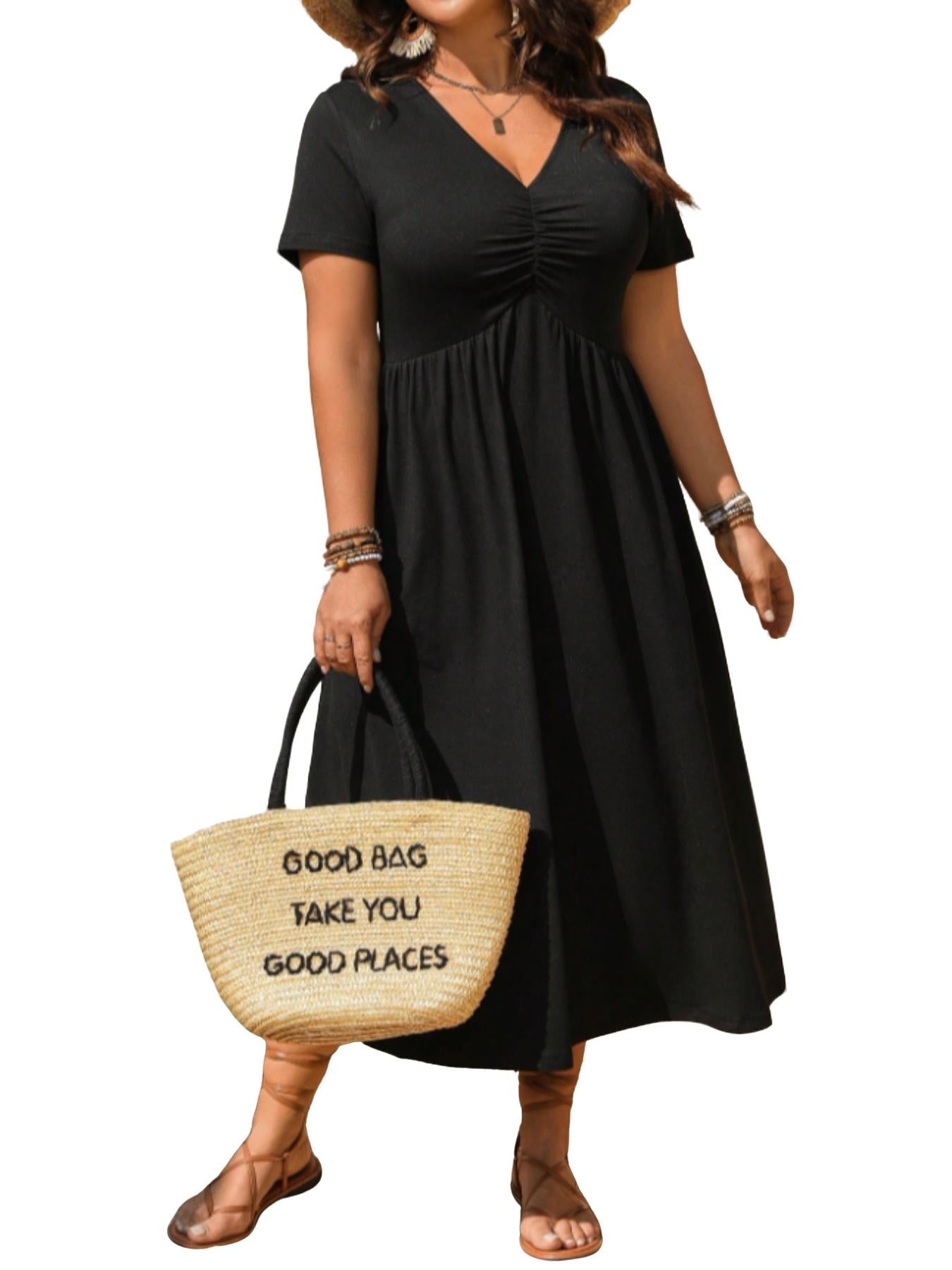 👗50% OFF! ✨ Plus Size V-Neck Ruched Short Sleeve Midi Dress with Flounce – A-Line Silhouette & Flowy Fabric 🌸