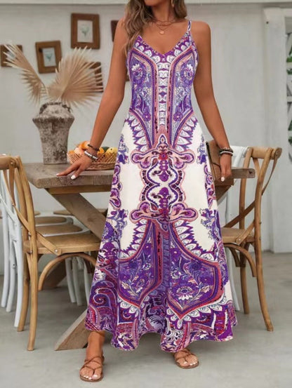 📢📢50% OFF !! ⏰Women’s Retro Print V-Neck Sleeveless Maxi Dress