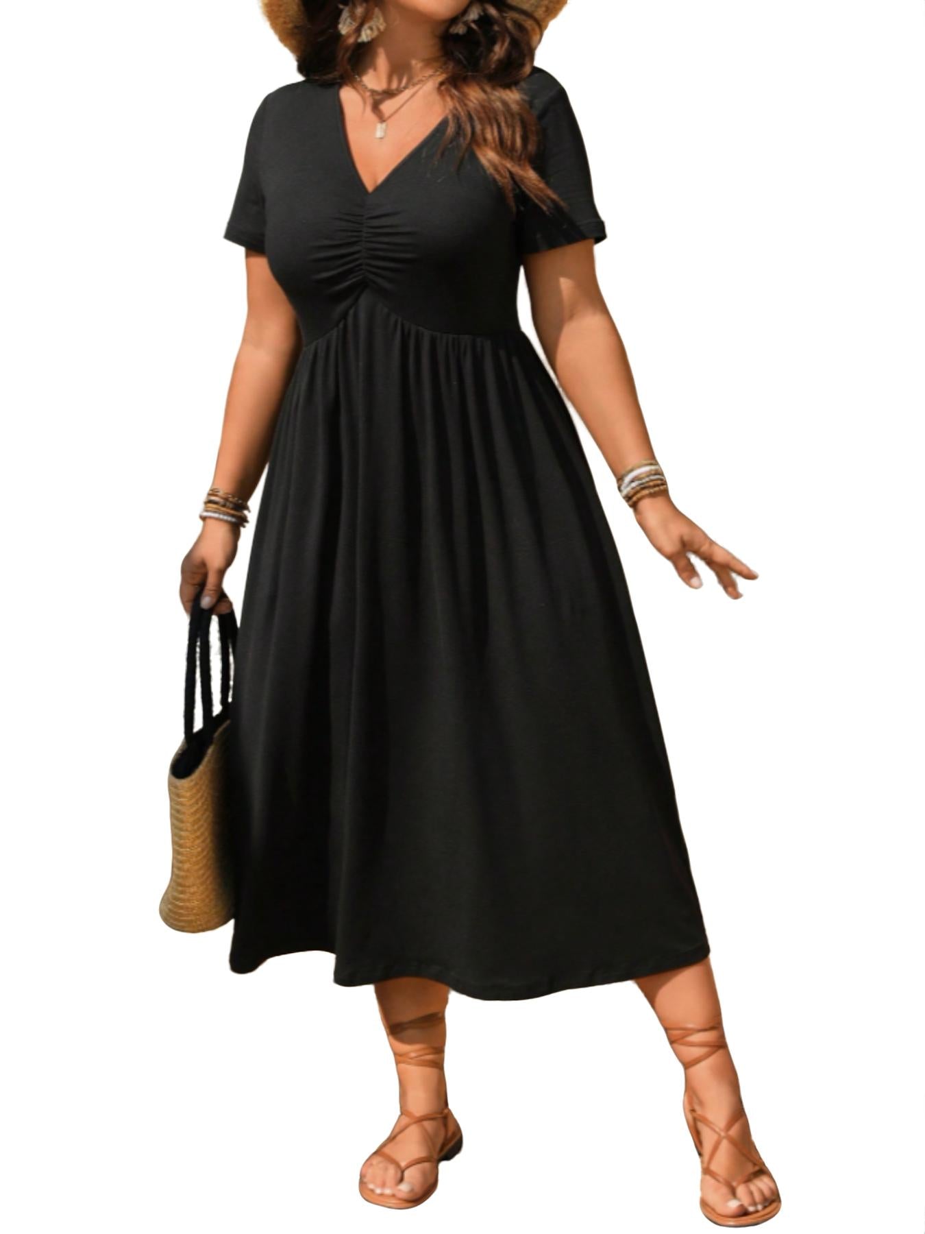 👗50% OFF! ✨ Plus Size V-Neck Ruched Short Sleeve Midi Dress with Flounce – A-Line Silhouette & Flowy Fabric 🌸