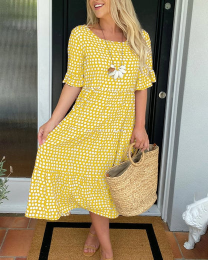 🔥Hot Sale 50% OFF!!💕Women's Polka Dot Midi Dress | Elegant Round Neck & Breathable Summer A-Line Dress | Chic Casual Mary Dress for Beach & City Strolls