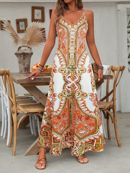 📢📢50% OFF !! ⏰Women’s Retro Print V-Neck Sleeveless Maxi Dress