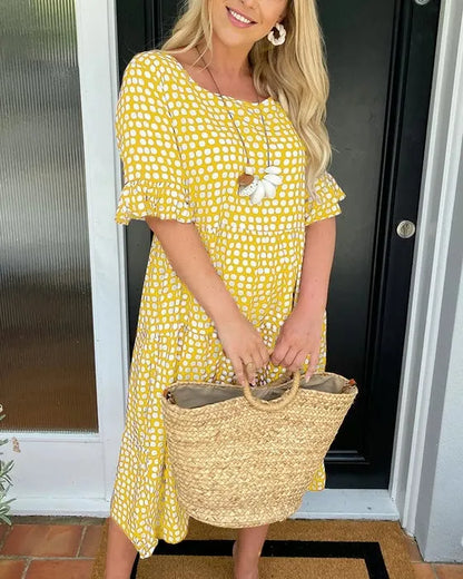 🔥Hot Sale 50% OFF!!💕Women's Polka Dot Midi Dress | Elegant Round Neck & Breathable Summer A-Line Dress | Chic Casual Mary Dress for Beach & City Strolls