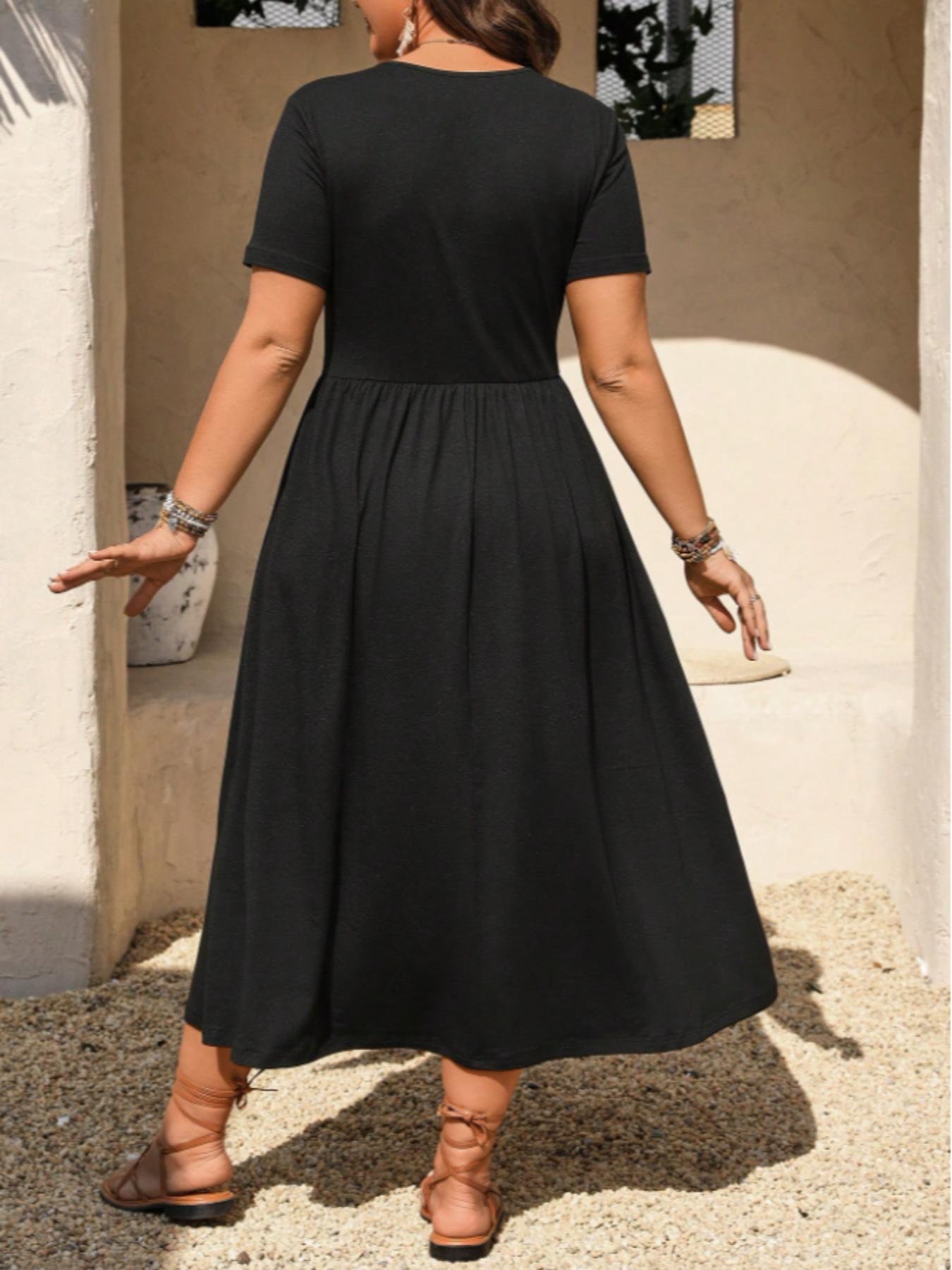 👗50% OFF! ✨ Plus Size V-Neck Ruched Short Sleeve Midi Dress with Flounce – A-Line Silhouette & Flowy Fabric 🌸
