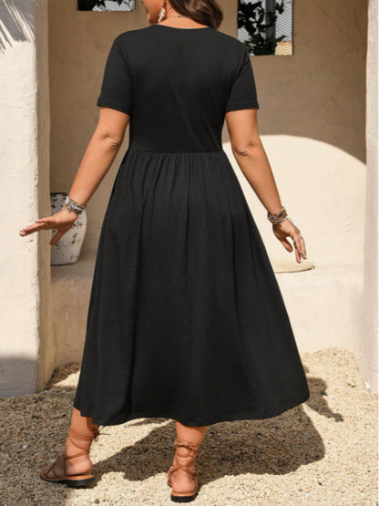 👗50% OFF! ✨ Plus Size V-Neck Ruched Short Sleeve Midi Dress with Flounce – A-Line Silhouette & Flowy Fabric 🌸