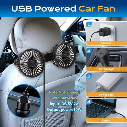 📢📢50% OFF !! ⏰ Dual Head USB Car Seat Fan – 360° Rotatable, 3 Speeds, Quiet & Powerful 🚗