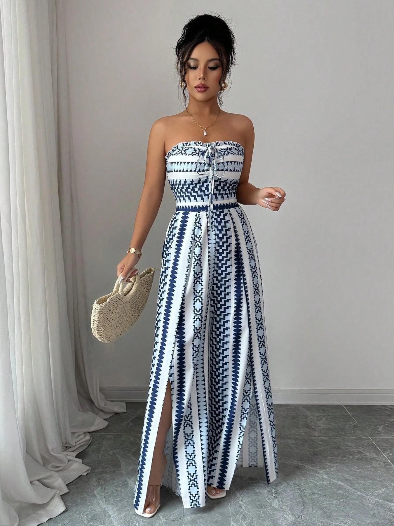 📢📢50% OFF !! ⏰Geometric Jumpsuit with Halter Neckline & Side Slit – Unique print & elastic back – Versatile, perfect for summer parties or resort wear ✨