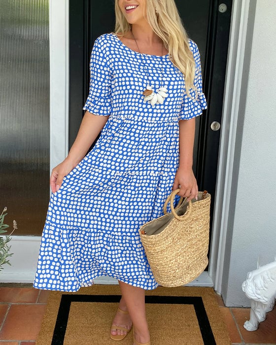 🔥Hot Sale 50% OFF!!💕Women's Polka Dot Midi Dress | Elegant Round Neck & Breathable Summer A-Line Dress | Chic Casual Mary Dress for Beach & City Strolls