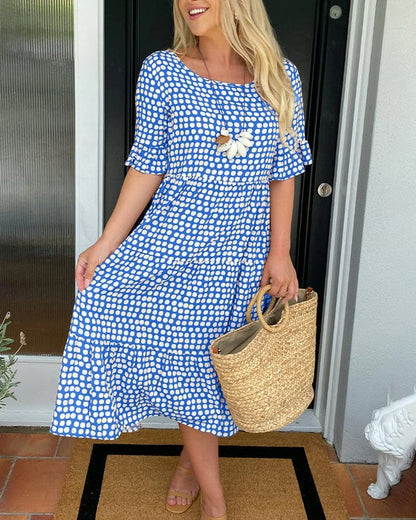 🔥Hot Sale 50% OFF!!💕Women's Polka Dot Midi Dress | Elegant Round Neck & Breathable Summer A-Line Dress | Chic Casual Mary Dress for Beach & City Strolls