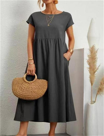 🌸50% OFF NOW! 🌸Summer Fashion Solid Color Cotton Linen Pocket Dress