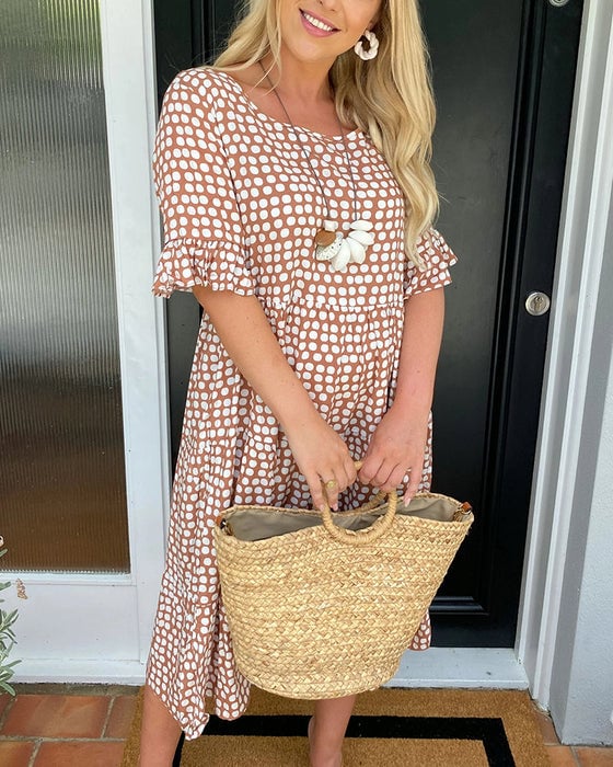 🔥Hot Sale 50% OFF!!💕Women's Polka Dot Midi Dress | Elegant Round Neck & Breathable Summer A-Line Dress | Chic Casual Mary Dress for Beach & City Strolls