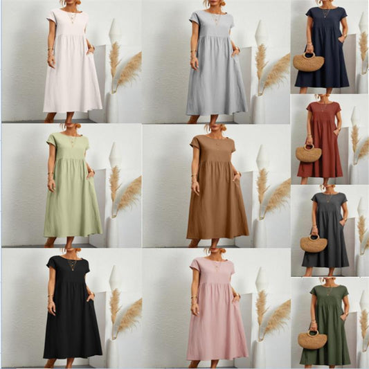 🌸50% OFF NOW! 🌸Summer Fashion Solid Color Cotton Linen Pocket Dress