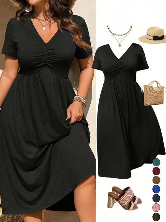 👗50% OFF! ✨ Plus Size V-Neck Ruched Short Sleeve Midi Dress with Flounce – A-Line Silhouette & Flowy Fabric 🌸
