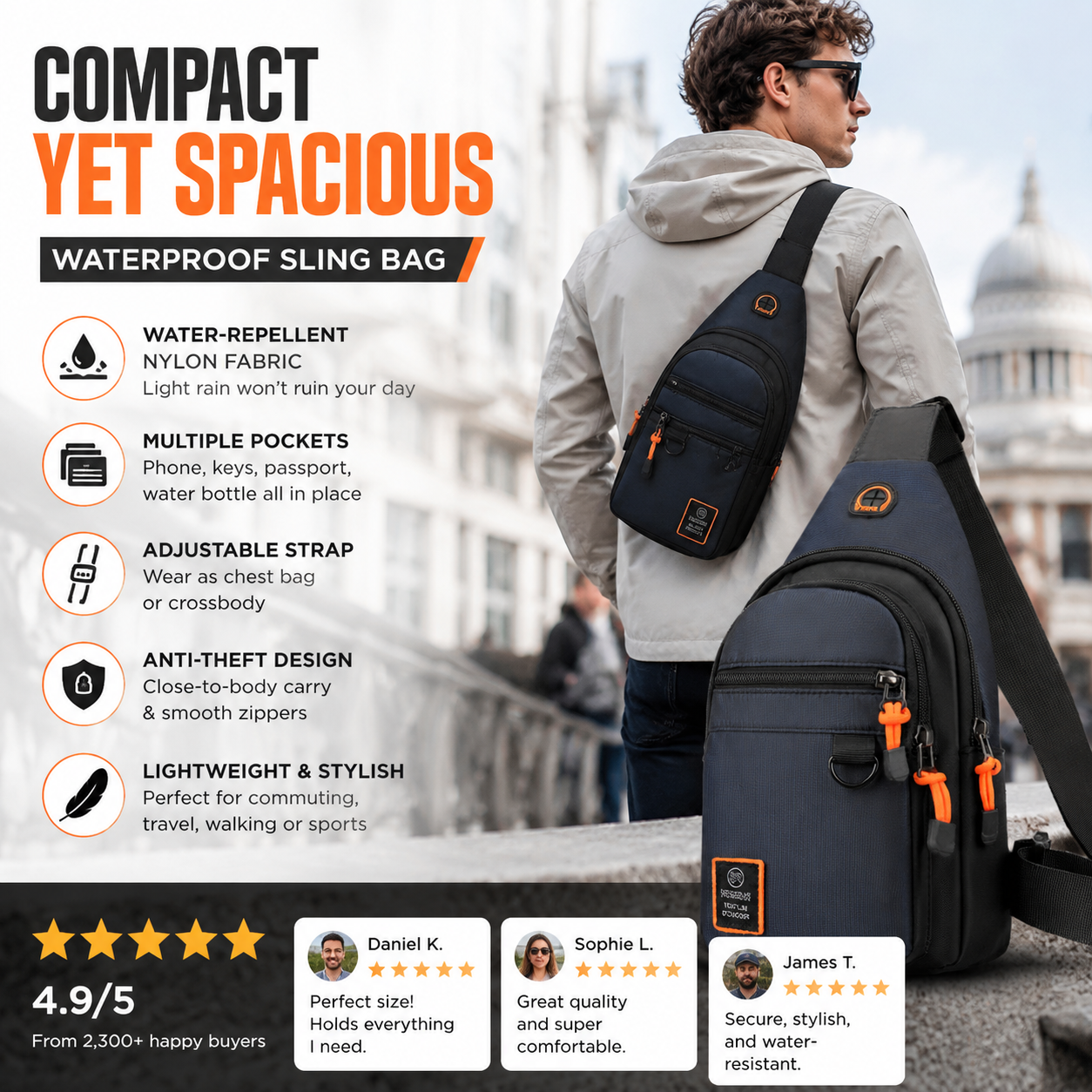 🎒 50% OFF! ✨ Waterproof Multi-pocket Crossbody Sling Bag – Organized Storage, Adjustable Strap, Headphone Jack 🌧️