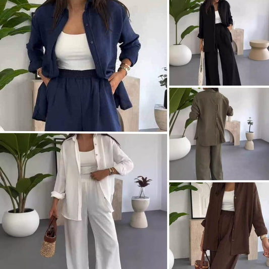 ⏳Limited-time 50% off⏰Womens Fashion Solid Color Loose Shirt Casual Wide Leg Trousers (2 Piece Set)👚👖