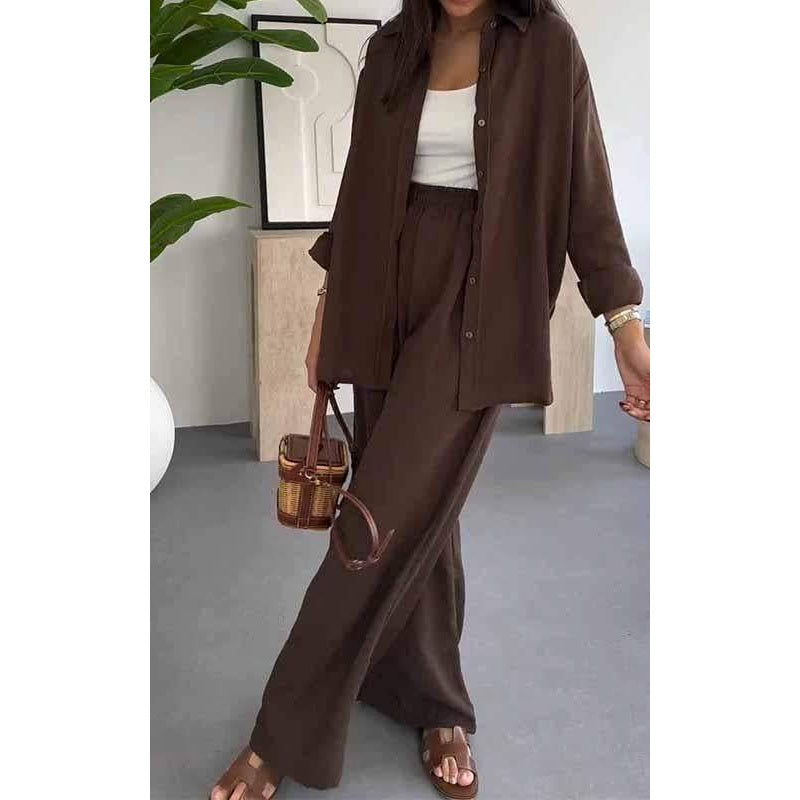 ⏳Limited-time 50% off⏰Womens Fashion Solid Color Loose Shirt Casual Wide Leg Trousers (2 Piece Set)👚👖