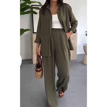 ⏳Limited-time 50% off⏰Womens Fashion Solid Color Loose Shirt Casual Wide Leg Trousers (2 Piece Set)👚👖