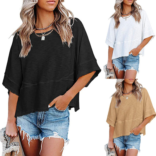 👚 LIMITED-TIME 50% OFF! 🌸 Women's Loose Flare Sleeve T-Shirt – Solid Color, Patchwork, Soft & Breathable 🍃