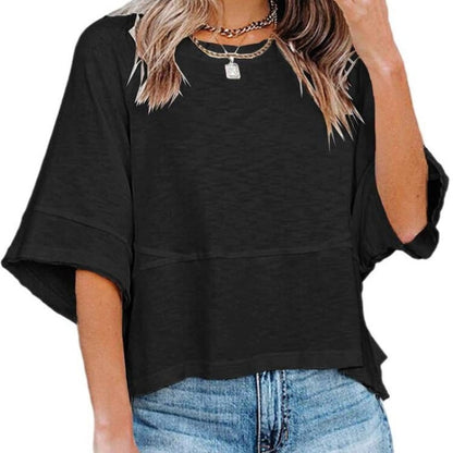 👚 LIMITED-TIME 50% OFF! 🌸 Women's Loose Flare Sleeve T-Shirt – Solid Color, Patchwork, Soft & Breathable 🍃