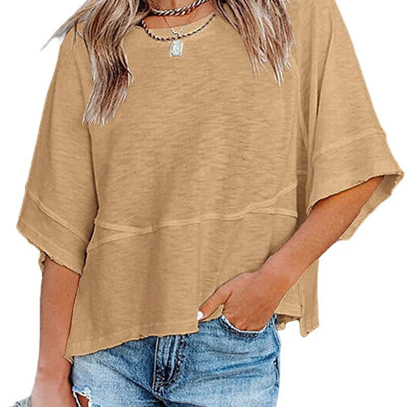 👚 LIMITED-TIME 50% OFF! 🌸 Women's Loose Flare Sleeve T-Shirt – Solid Color, Patchwork, Soft & Breathable 🍃