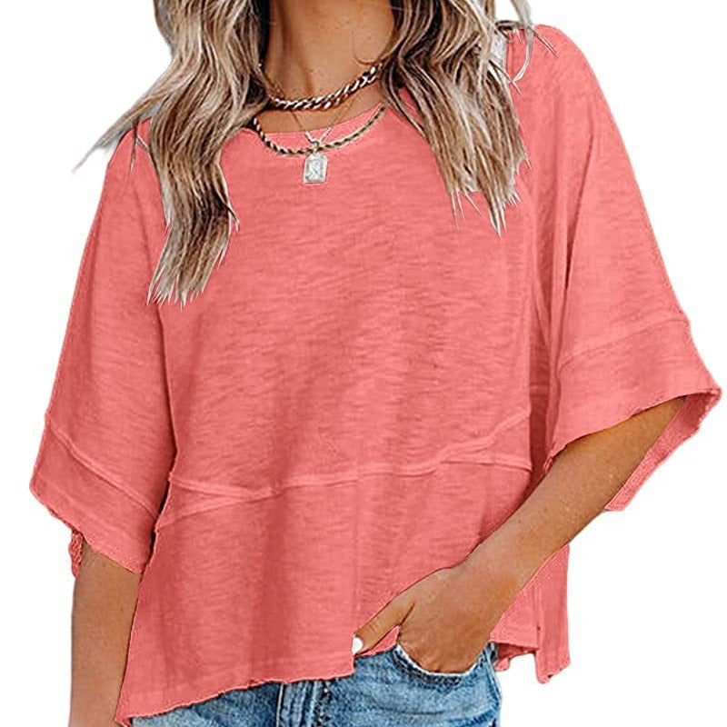 👚 LIMITED-TIME 50% OFF! 🌸 Women's Loose Flare Sleeve T-Shirt – Solid Color, Patchwork, Soft & Breathable 🍃