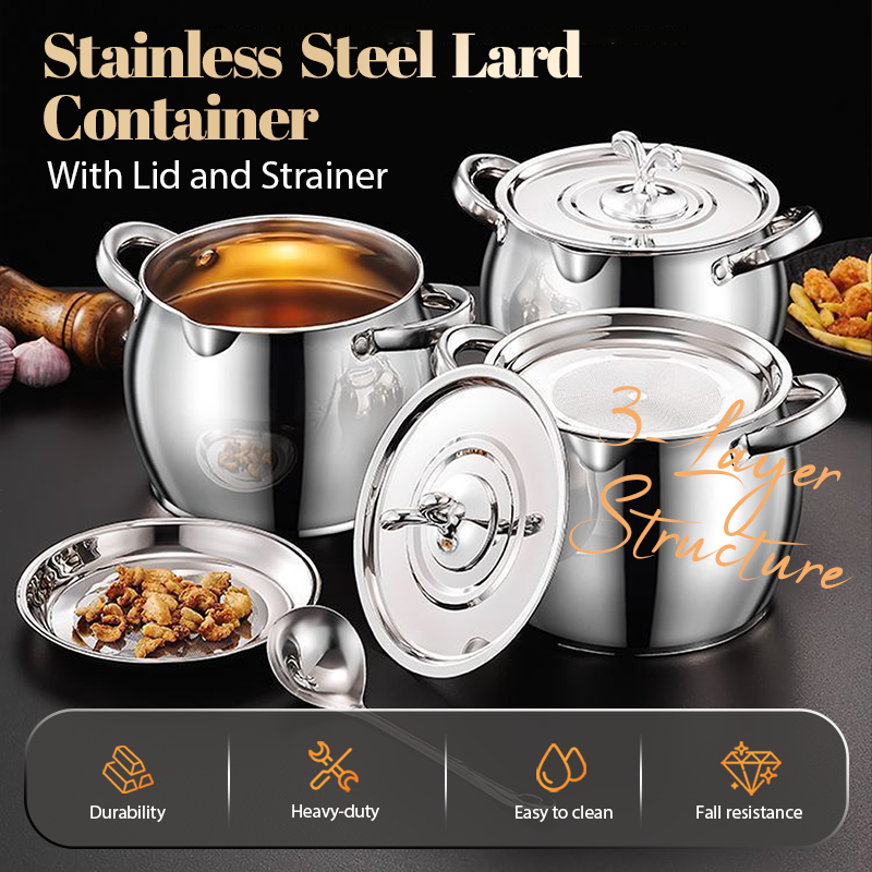 Stainless Steel Lard Container with Lid and Strainer
