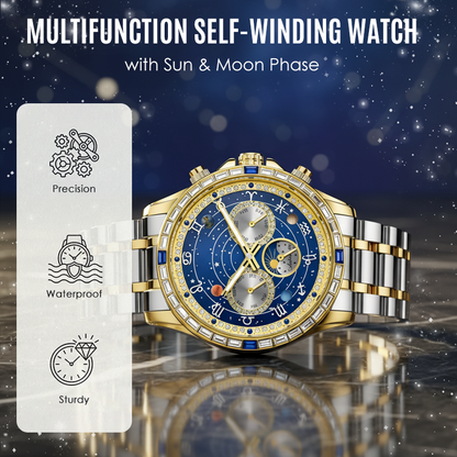 🎁✨ Elegant Self-Winding Watch with Sun & Moon Phase – No Battery, Never Stop | ⌚🌙💛