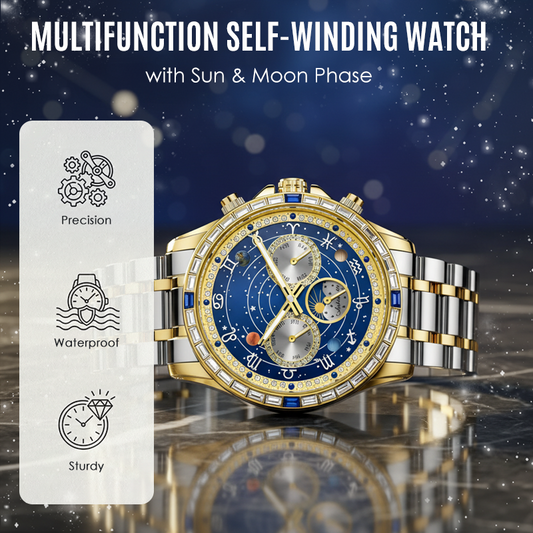 🎁✨ Elegant Self-Winding Watch with Sun & Moon Phase – No Battery, Never Stop | ⌚🌙💛