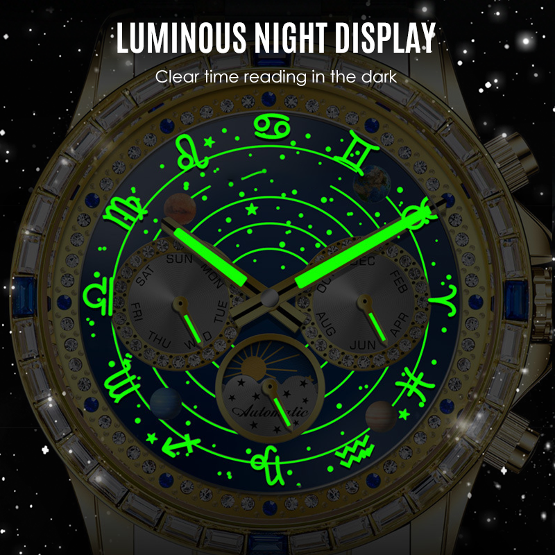 🎁✨ Elegant Self-Winding Watch with Sun & Moon Phase – No Battery, Never Stop | ⌚🌙💛
