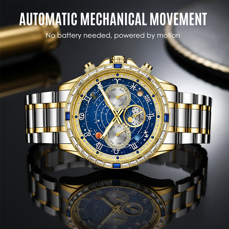 🎁✨ Elegant Self-Winding Watch with Sun & Moon Phase – No Battery, Never Stop | ⌚🌙💛
