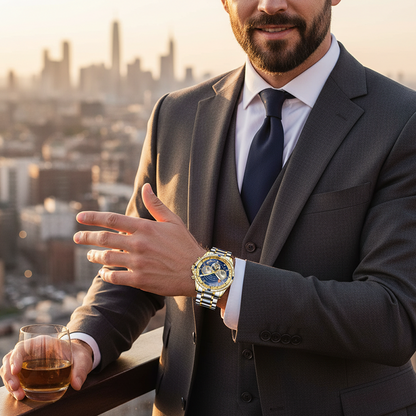 🎁✨ Elegant Self-Winding Watch with Sun & Moon Phase – No Battery, Never Stop | ⌚🌙💛