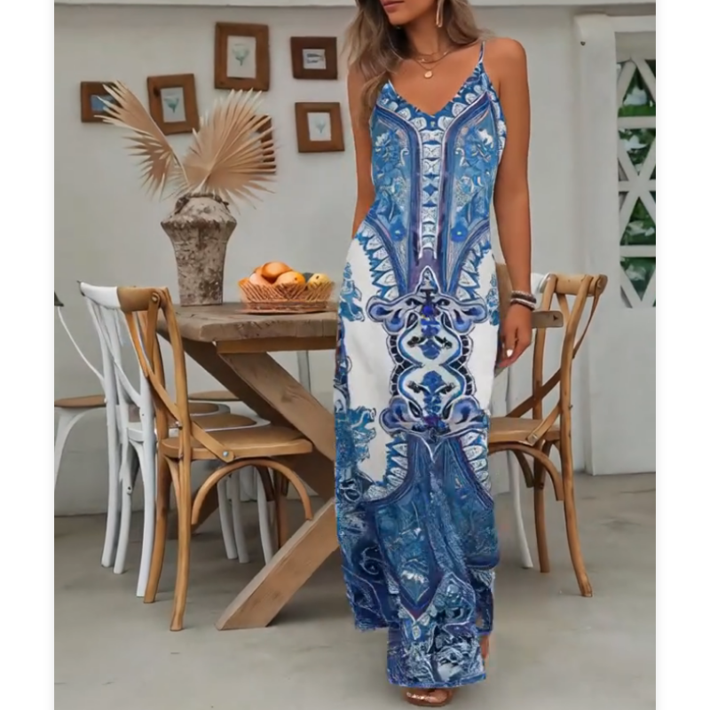 📢📢50% OFF !! ⏰Women’s Retro Print V-Neck Sleeveless Maxi Dress
