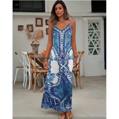 📢📢50% OFF !! ⏰Women’s Retro Print V-Neck Sleeveless Maxi Dress