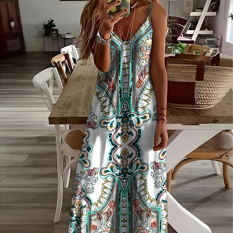 📢📢50% OFF !! ⏰Women’s Retro Print V-Neck Sleeveless Maxi Dress