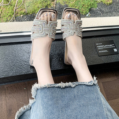 ⏳Limited-time 50% off⏰Women's Geometric Rhinestone Square Toe Flat Slides💎👡